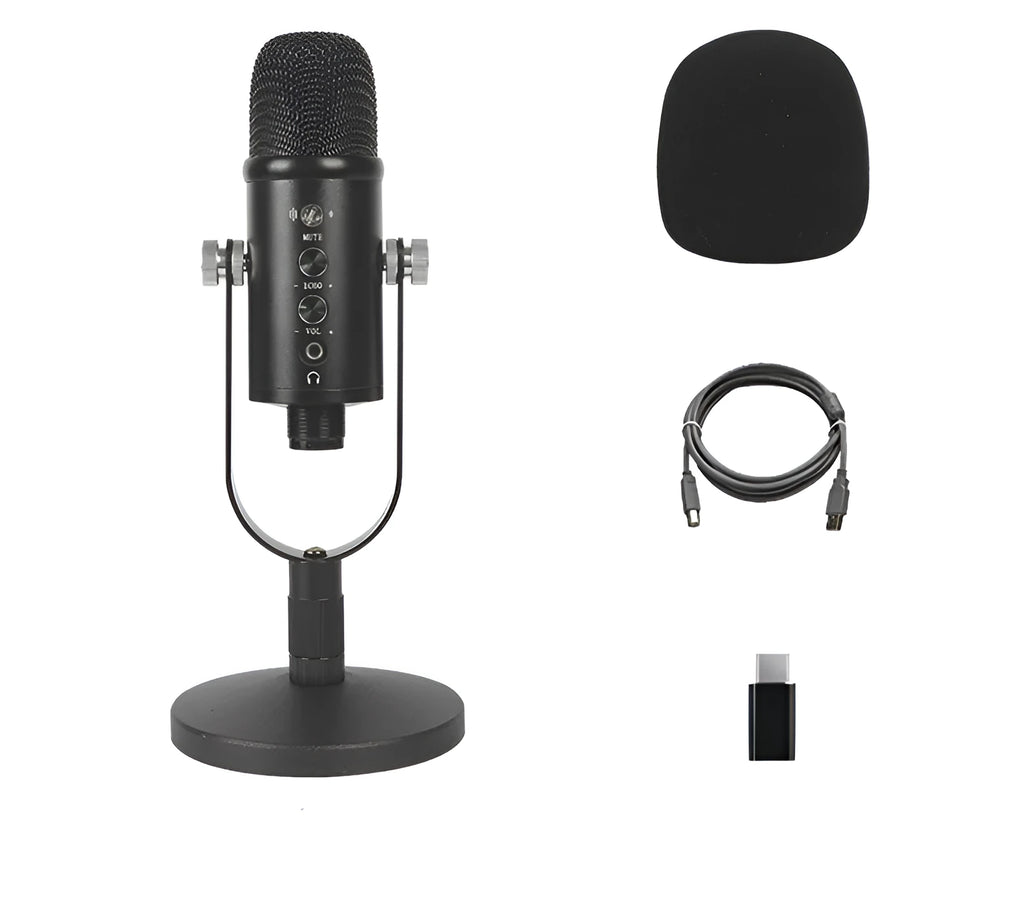 Black BM-86PRO USB condenser microphone on a metal base with sponge cover, alongside its USB cable.