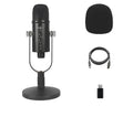 Black BM-86PRO USB condenser microphone on a metal base with sponge cover, alongside its USB cable.
