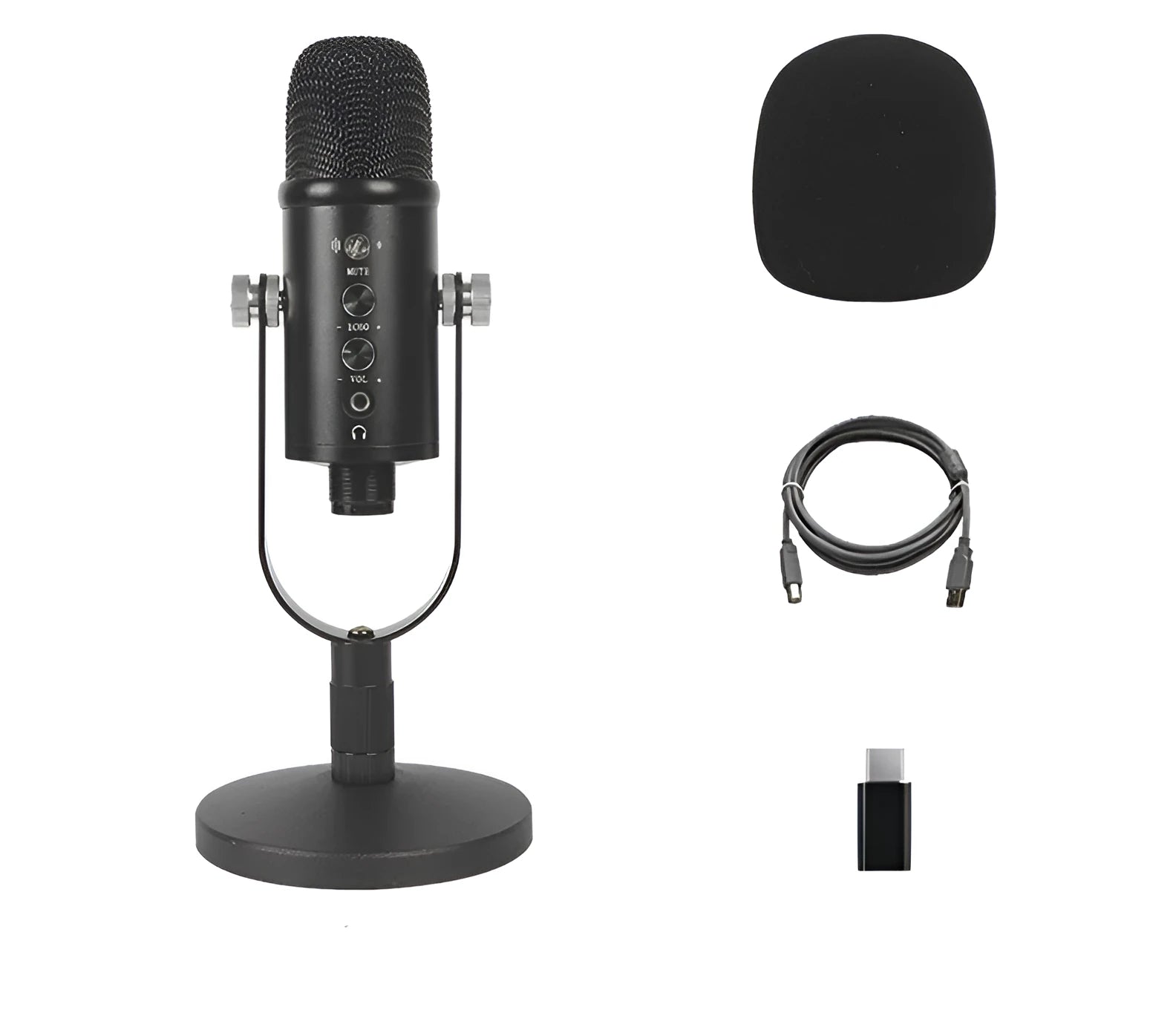 Black BM-86PRO USB condenser microphone on a metal base with sponge cover, alongside its USB cable.
