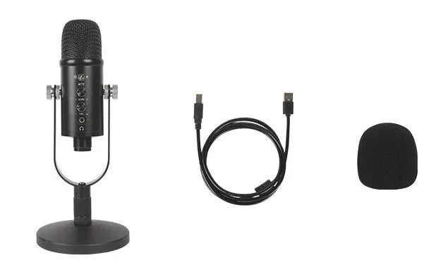 Black BM-86PRO USB condenser microphone on a metal base with sponge cover, alongside its USB cable.