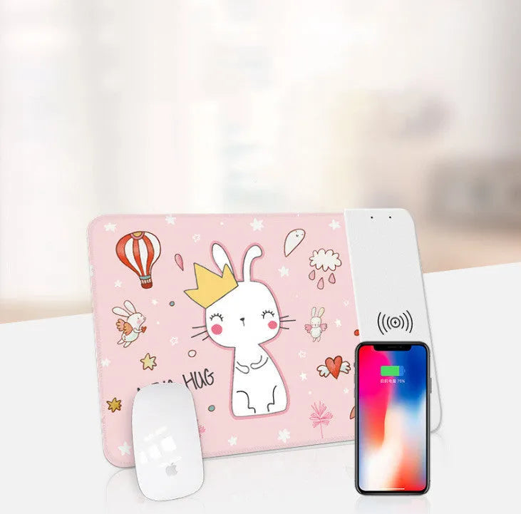Cartoon wireless charging mouse pad with RGB lighting and heat transfer graphics