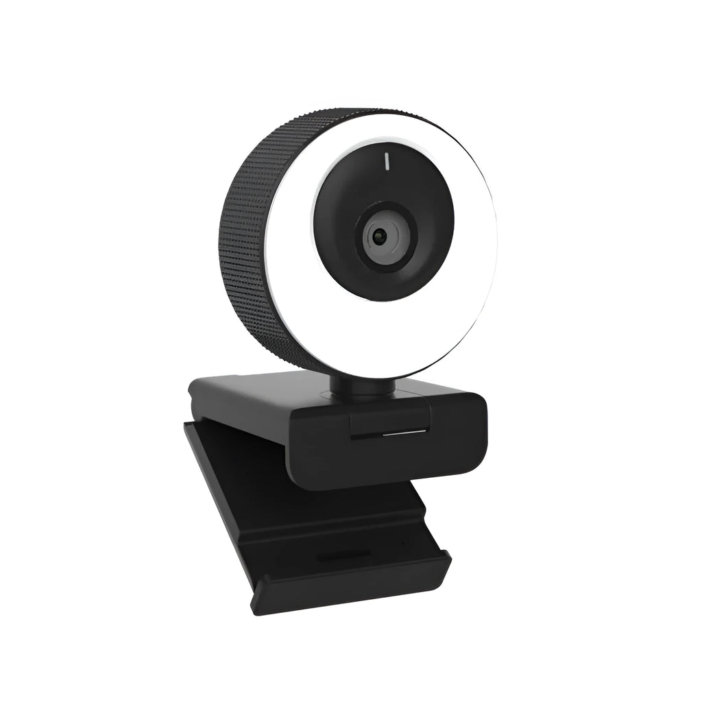 Black USB webcam with a magnetic privacy cover attached, showing the 1.7 metre cable.
