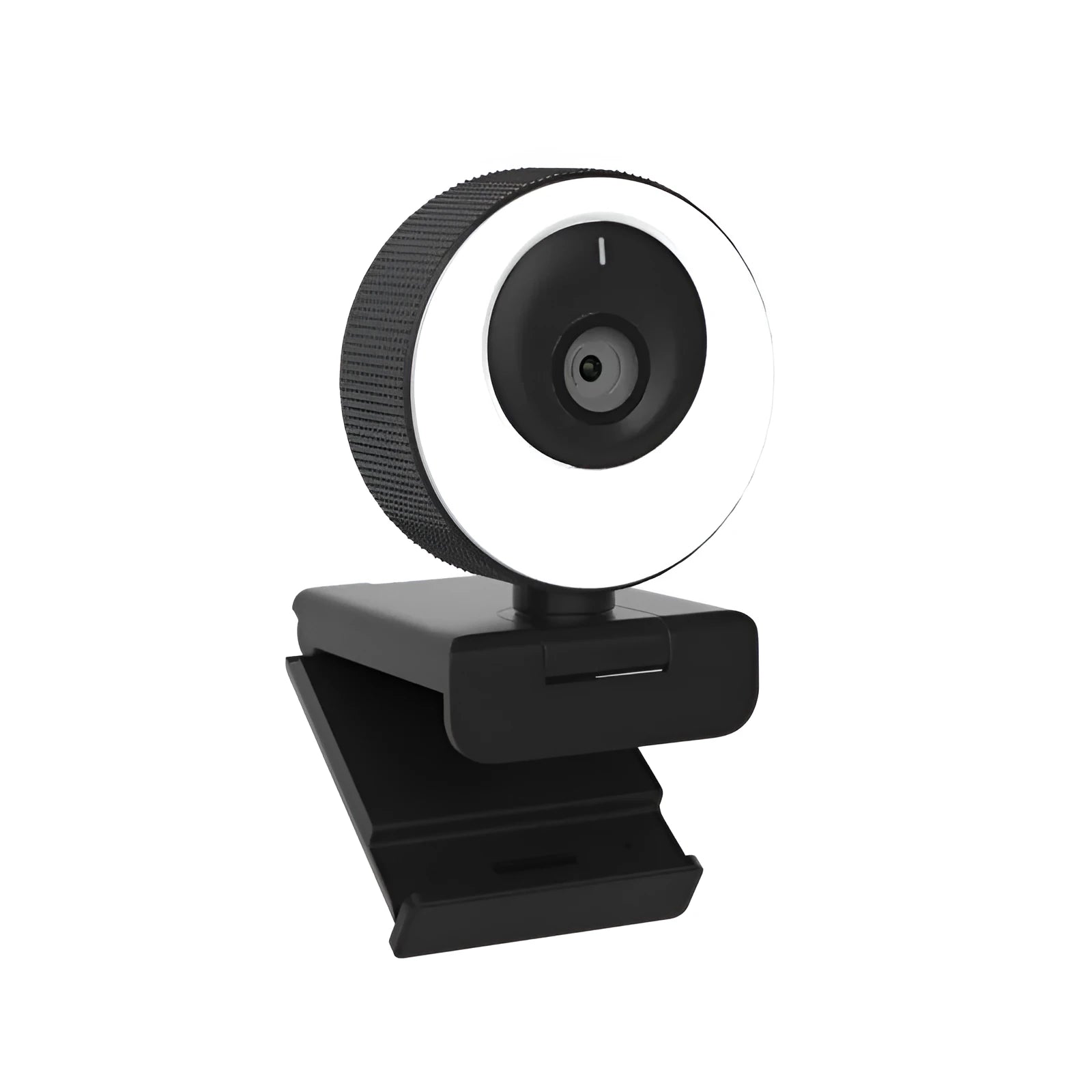 Black USB webcam with a magnetic privacy cover attached, showing the 1.7 metre cable.