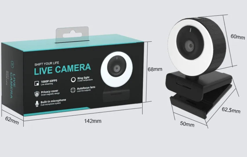 Black USB webcam with a magnetic privacy cover attached, showing the 1.7 metre cable.