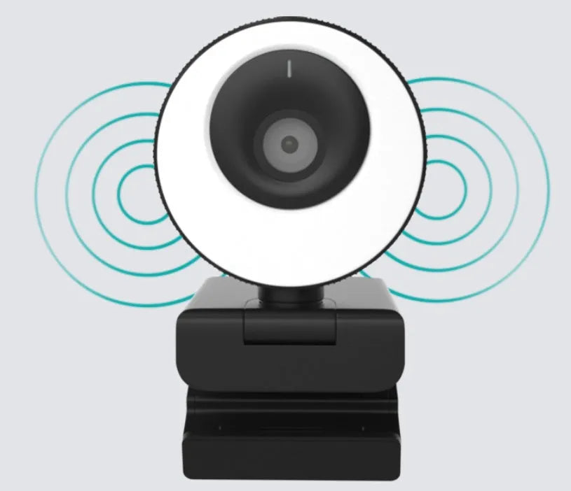Black USB webcam with a magnetic privacy cover attached, showing the 1.7 metre cable.