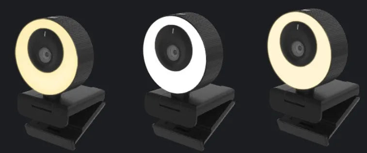 Black USB webcam with a magnetic privacy cover attached, showing the 1.7 metre cable.