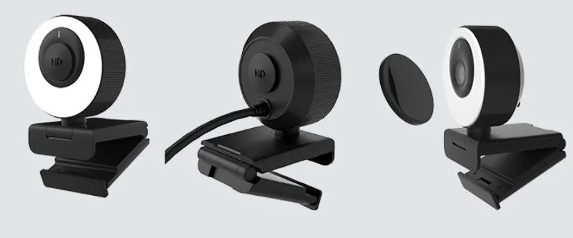 Black USB webcam with a magnetic privacy cover attached, showing the 1.7 metre cable.