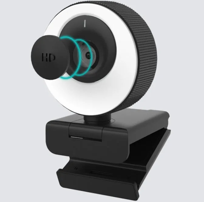 Black USB webcam with a magnetic privacy cover attached, showing the 1.7 metre cable.