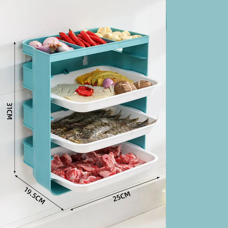 Wall-mounted plastic side dish rack in frosted finish, three or six layers, blue grey or yellow, 12-12.9cm diameter