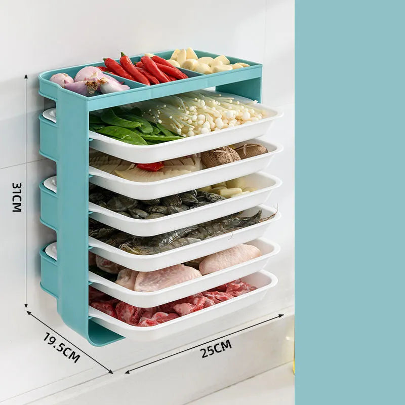 Wall-mounted plastic side dish rack in frosted finish, three or six layers, blue grey or yellow, 12-12.9cm diameter