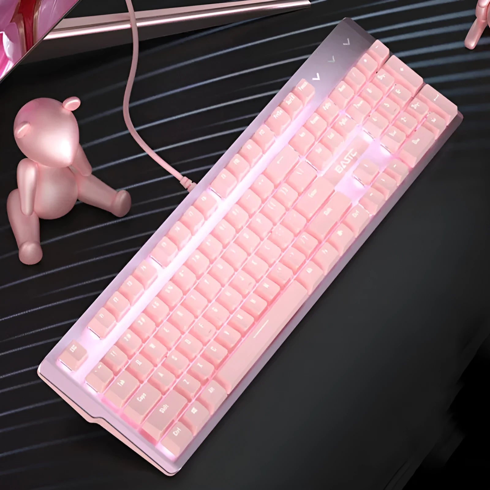 Pink mechanical keyboard and wired gaming mouse set with USB connections