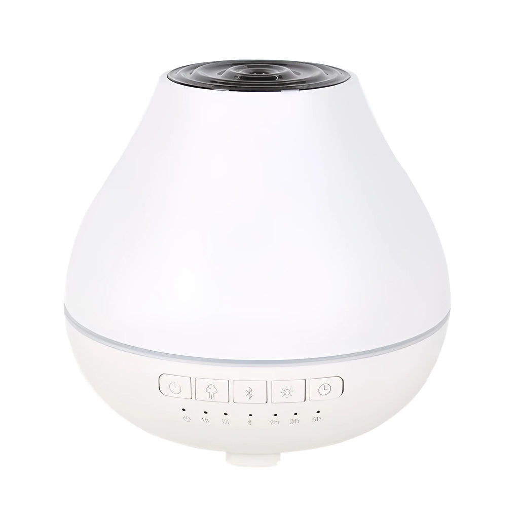 White round Bluetooth humidifier and aroma diffuser unit with built-in speaker and night light