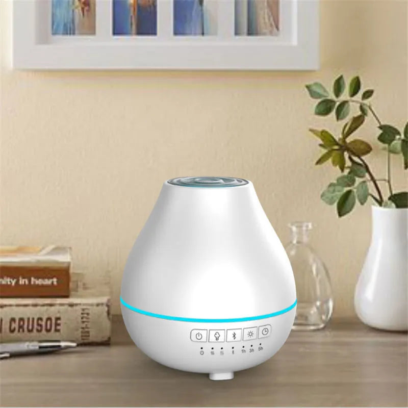 White round Bluetooth humidifier and aroma diffuser unit with built-in speaker and night light