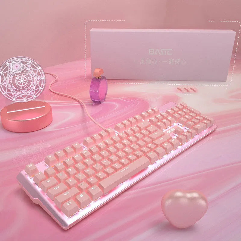 Pink mechanical keyboard and wired gaming mouse set with USB connections