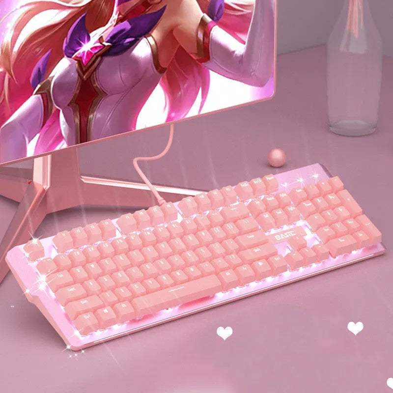 Pink mechanical keyboard and wired gaming mouse set with USB connections