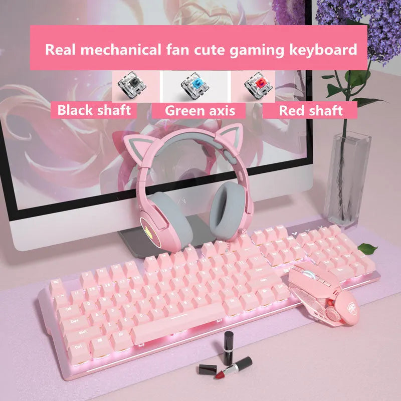 Pink mechanical keyboard and wired gaming mouse set with USB connections