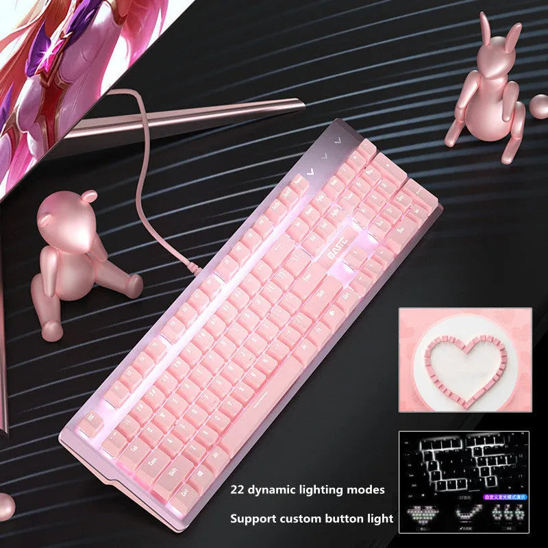 Pink mechanical keyboard and wired gaming mouse set with USB connections