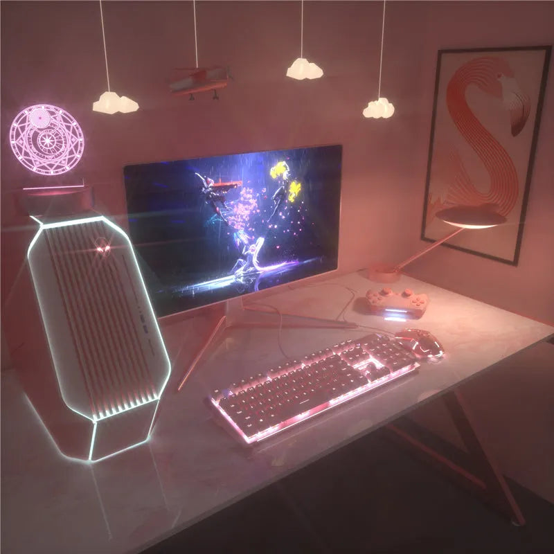 Pink mechanical keyboard and wired gaming mouse set with USB connections