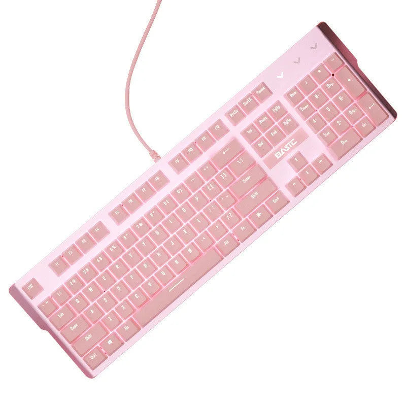 Pink mechanical keyboard and wired gaming mouse set with USB connections
