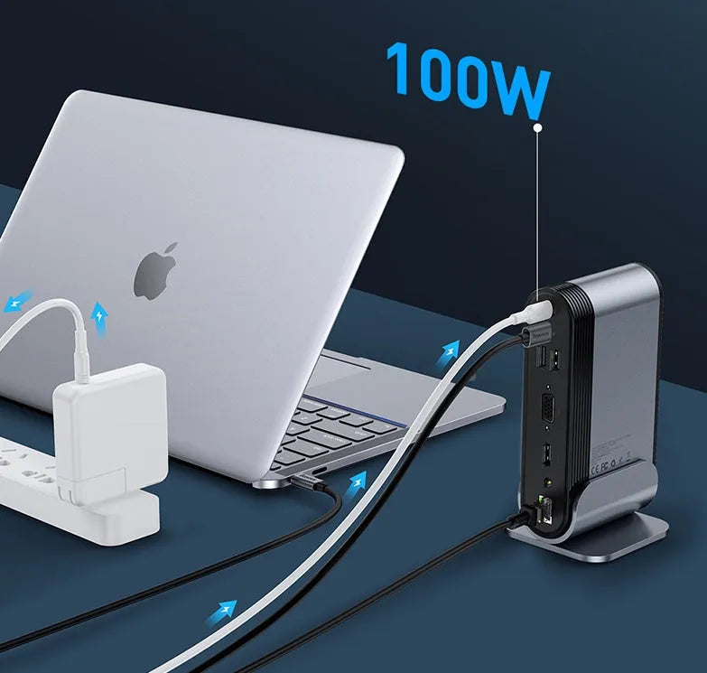 Deep space grey 16-in-1 USB-C docking station hub on a desk, showing multiple ports.