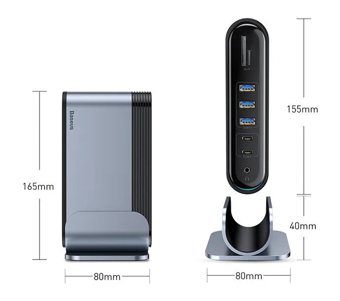 Deep space grey 16-in-1 USB-C docking station hub on a desk, showing multiple ports.