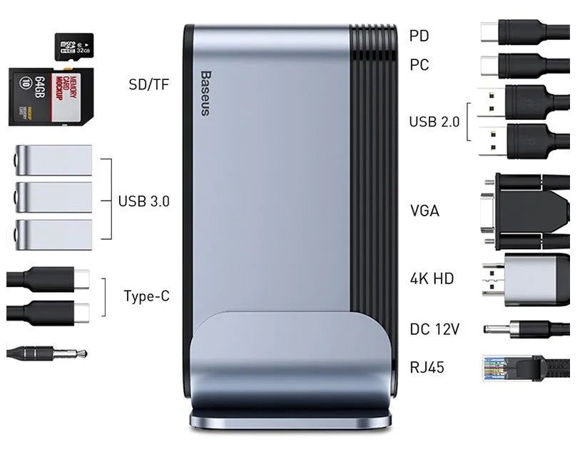 Deep space grey 16-in-1 USB-C docking station hub on a desk, showing multiple ports.