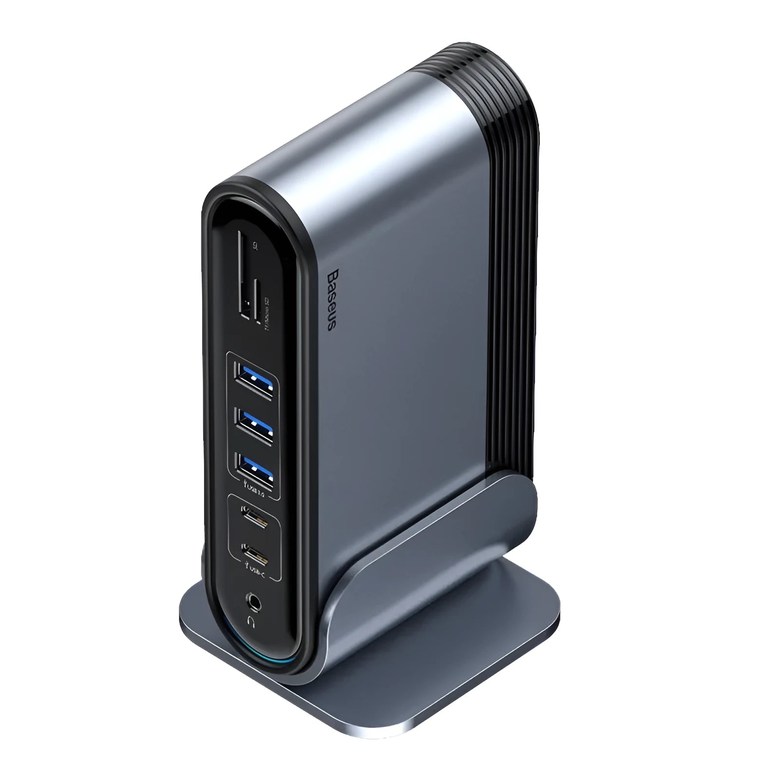 Deep space grey 16-in-1 USB-C docking station hub on a desk, showing multiple ports.