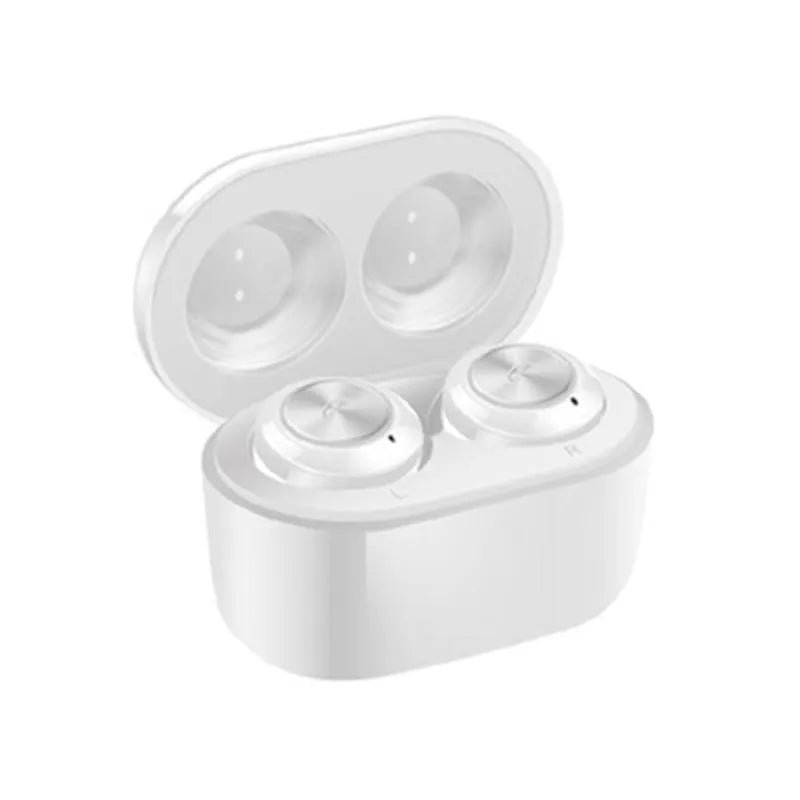 A6 TWS wireless Bluetooth headset in black and white colour options showing earpieces