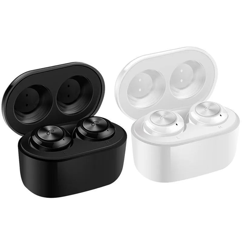A6 TWS wireless Bluetooth headset in black and white colour options showing earpieces