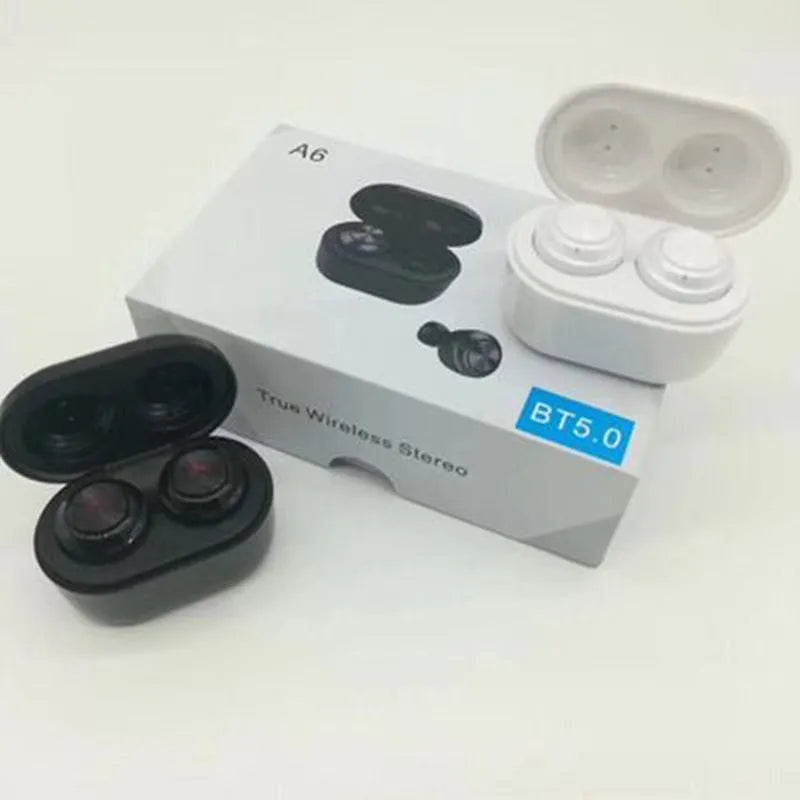 A6 TWS wireless Bluetooth headset in black and white colour options showing earpieces