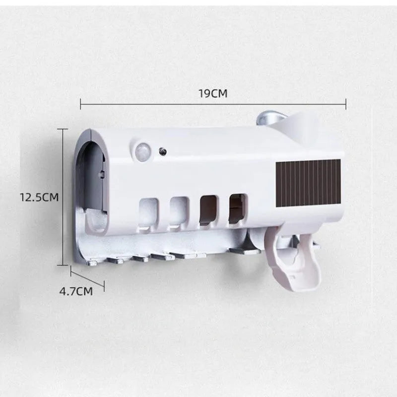 Black wall-mounted toothbrush steriliser with UV light and automatic toothpaste squeezer