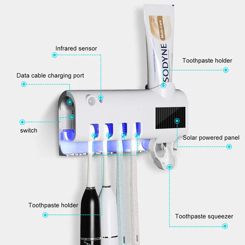 Black wall-mounted toothbrush steriliser with UV light and automatic toothpaste squeezer