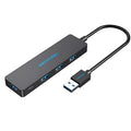 Black four-port USB 3.0 hub with short cable and nickel-plated connectors