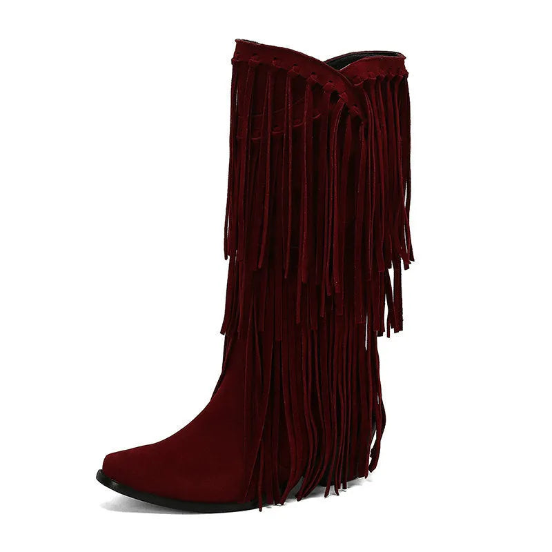 Women's suede high boots with tassel detail and chunky heel in beige colour