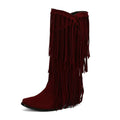 Women's suede high boots with tassel detail and chunky heel in beige colour