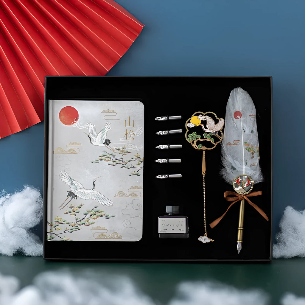 Chinese style feather pen and notebook set with metal construction in traditional colours