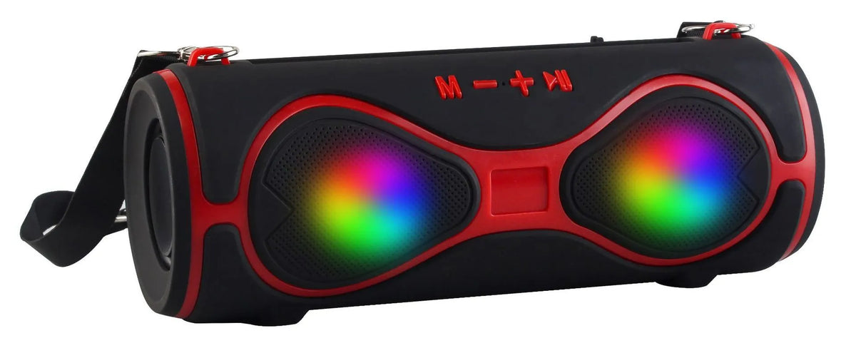 Portable Bluetooth speaker with integrated mobile phone stand and carrying strap in five colour options
