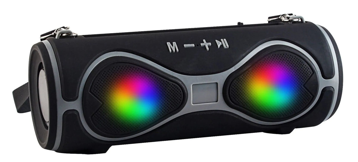 Portable Bluetooth speaker with integrated mobile phone stand and carrying strap in five colour options
