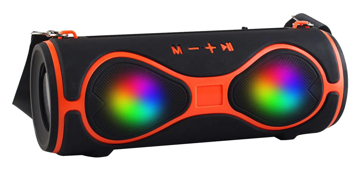 Portable Bluetooth speaker with integrated mobile phone stand and carrying strap in five colour options