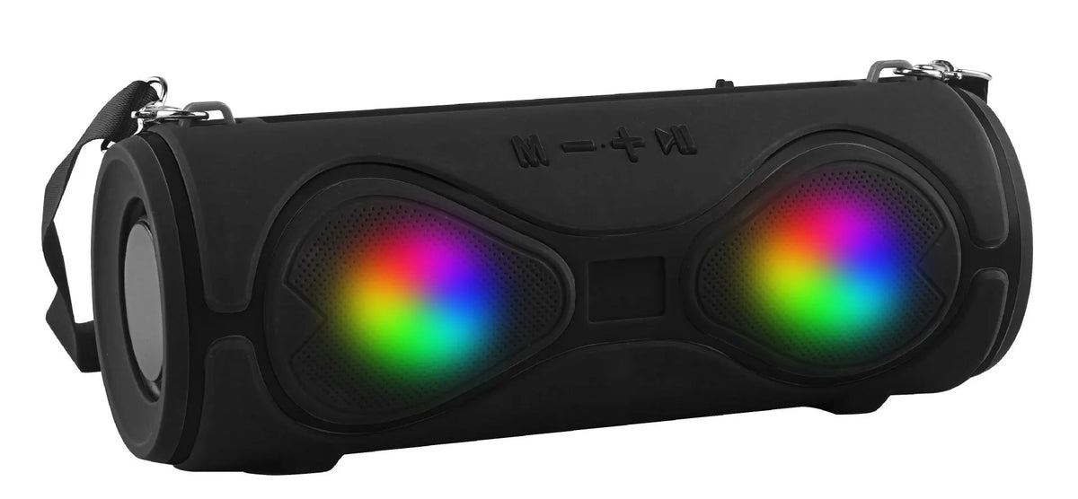 Portable Bluetooth speaker with integrated mobile phone stand and carrying strap in five colour options