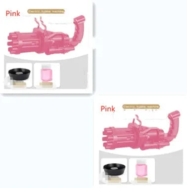 Kids plastic bubble gun toy in pink, gold, or black colours with battery compartment and trigger.