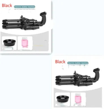 Kids plastic bubble gun toy in pink, gold, or black colours with battery compartment and trigger.
