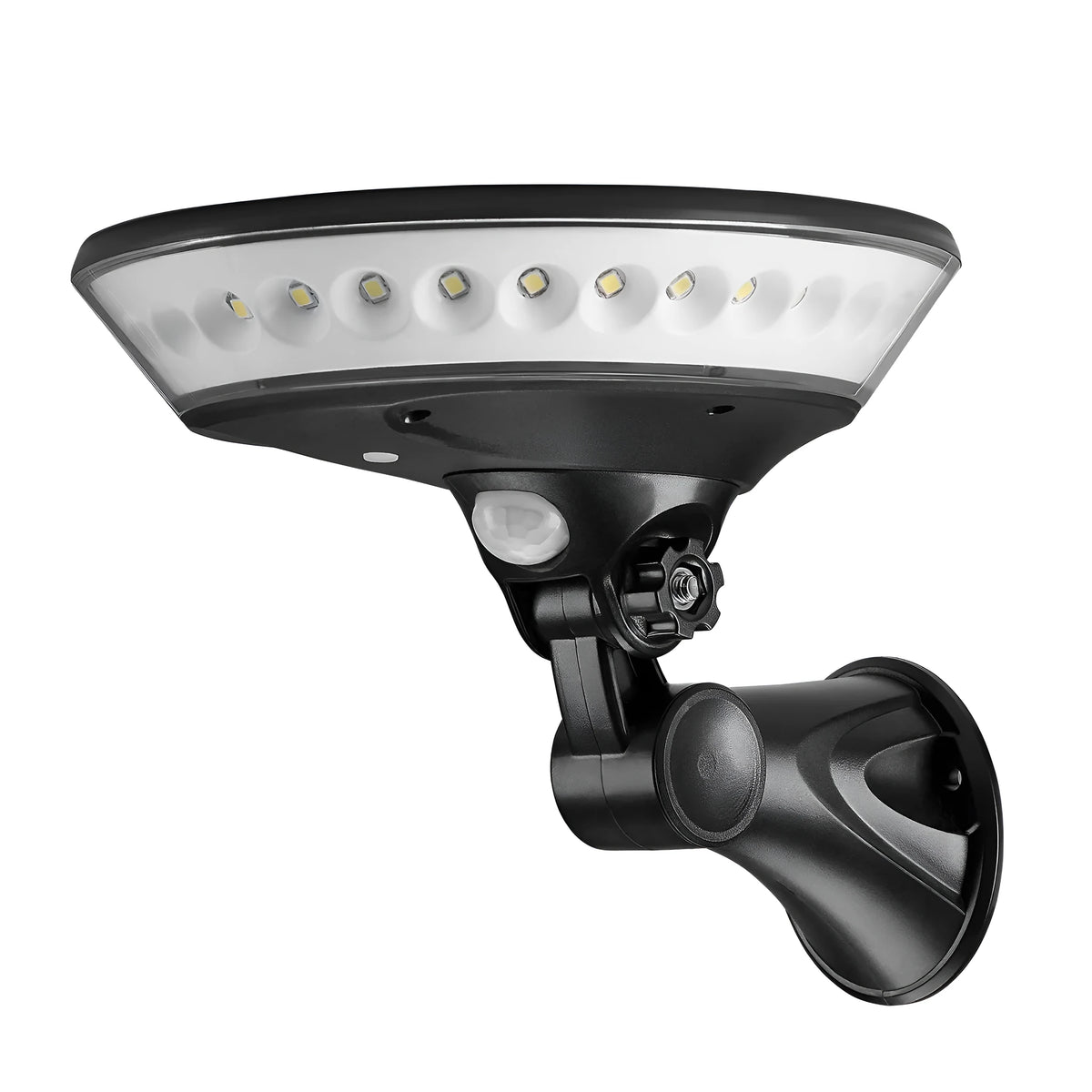 White 360-degree solar-powered outdoor light with motion sensor mounted on a wall.