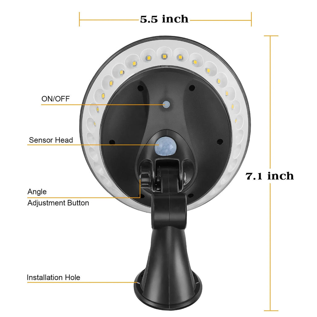 White 360-degree solar-powered outdoor light with motion sensor mounted on a wall.