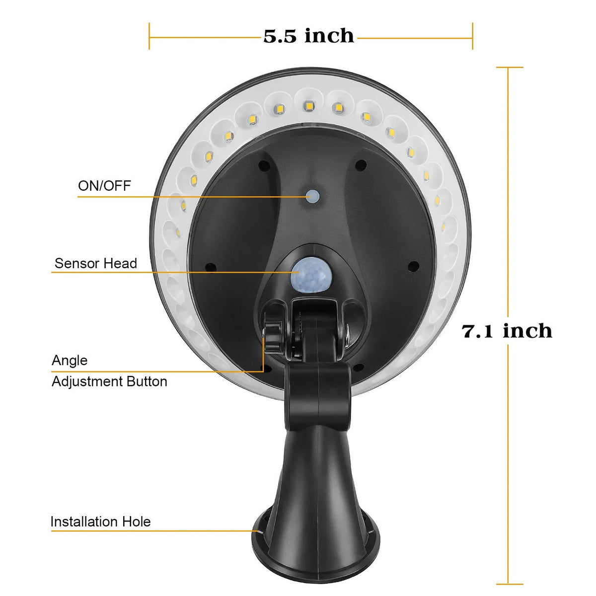 White 360-degree solar-powered outdoor light with motion sensor mounted on a wall.