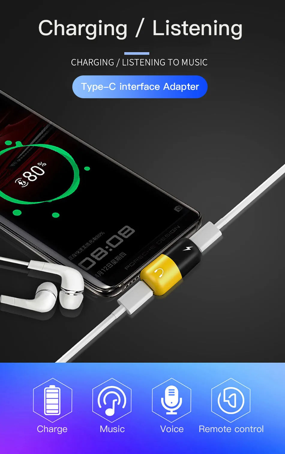 Blue Huawei phone case with a small white adapter for charging and 3.5mm headphone jack.