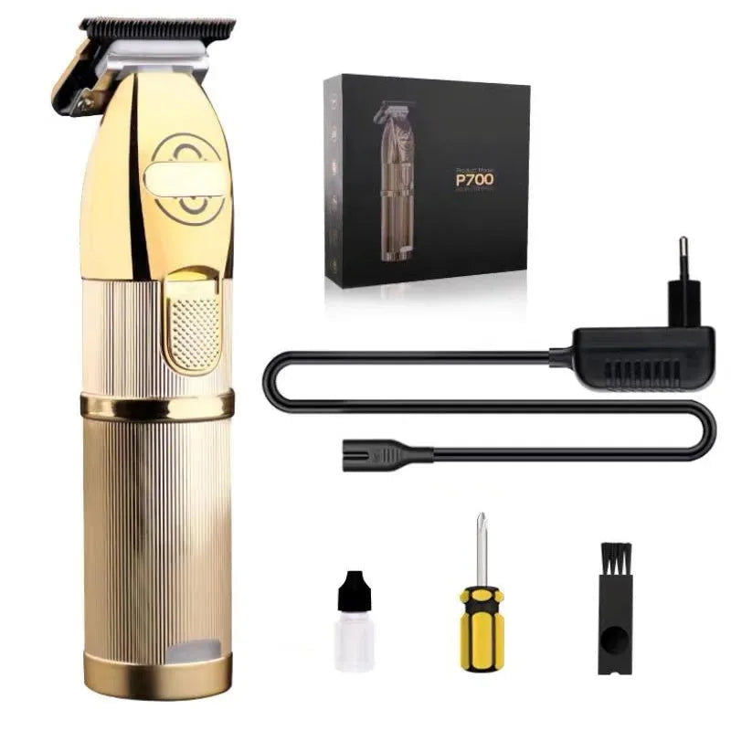 Gold professional hair clipper with cordless design and charging station