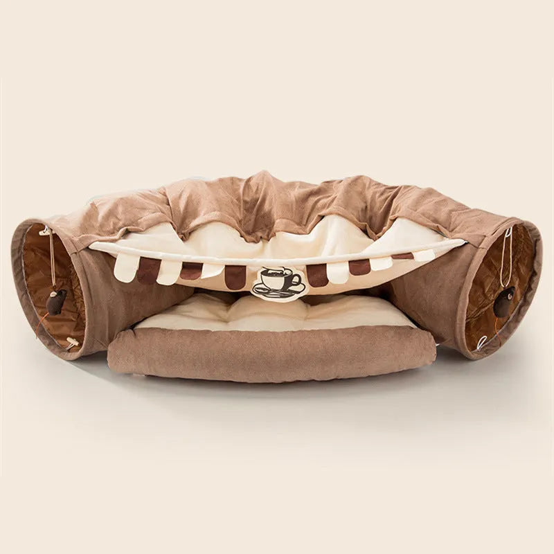 Collapsible cloth cat tunnel showing foldable design in Bar colour option