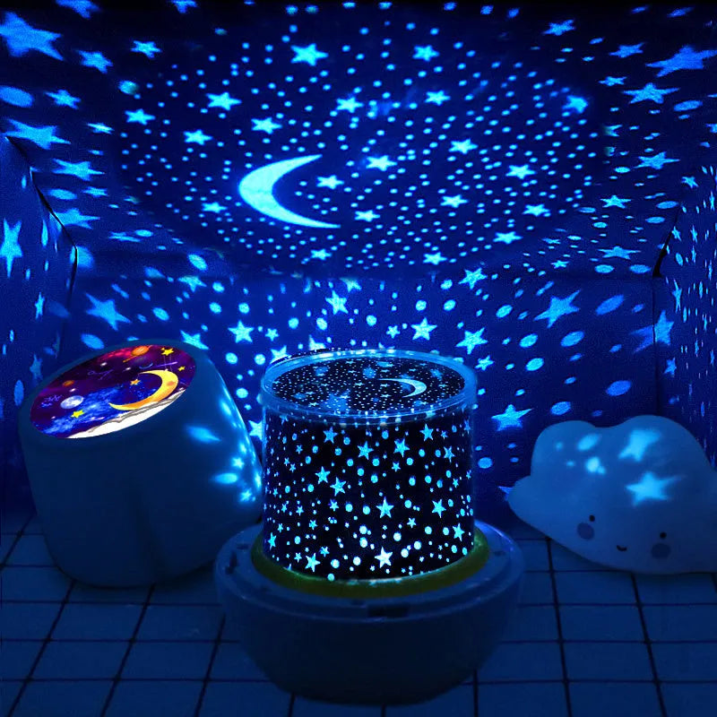 Pruixin PRX1363 LED projector night light showing starry sky or love pattern projection on a bedroom wall.
