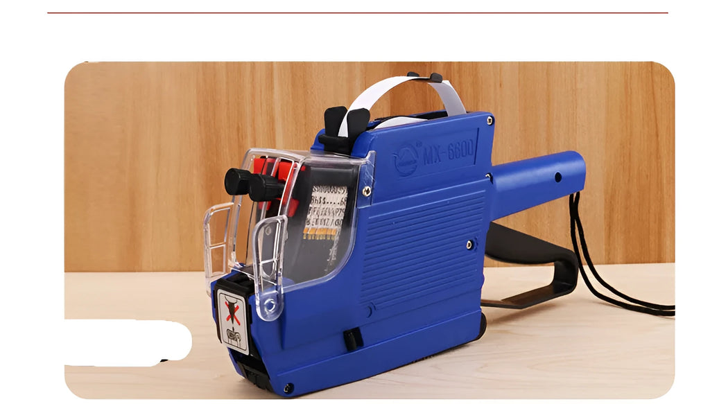 Manual supermarket price coding machine in blue, red, or yellow with paper rolls and 1ink roller.